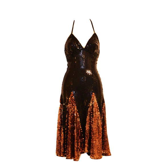 BOB MACKIE 1970s Disco Era Dress Black Gold Sequin Specialty Made LAINIE 00 XS